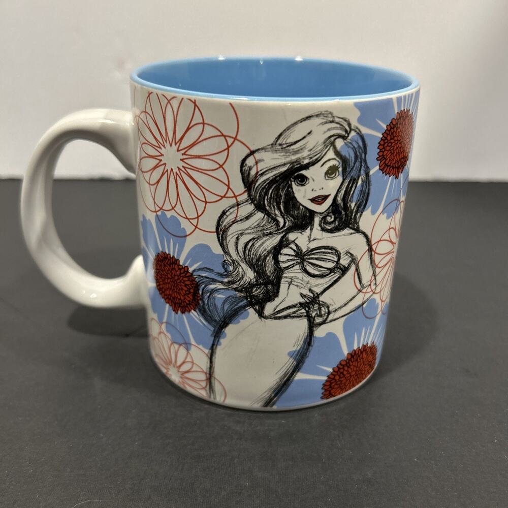 Disney Little Mermaid Ariel 20 oz Coffee Mug Ceramic Cup Drawn Sketch Floral